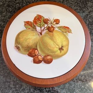 Vintage fall round wooden hanging. I think you can use this as a trivet as well.